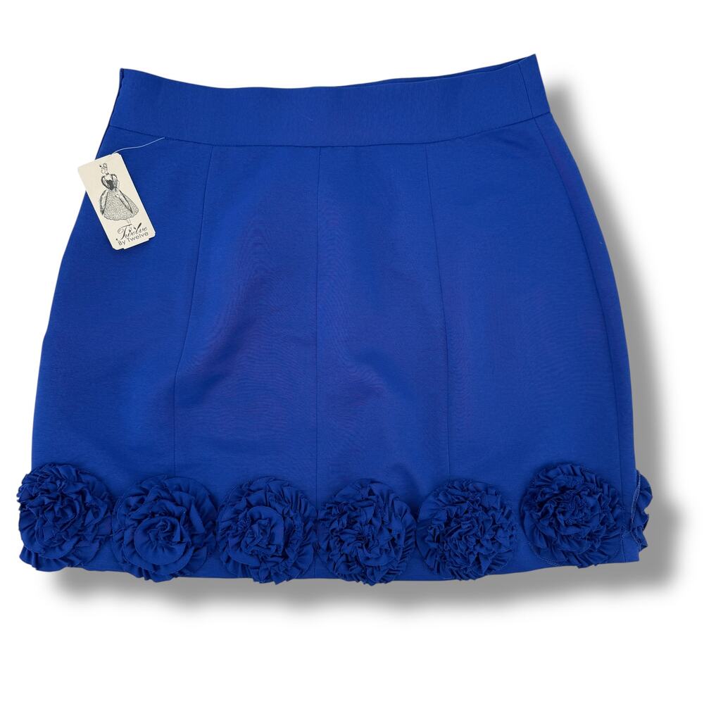 Twelve by Twelve Blue Rosette Hem Mini Skirt Size M Side Zip Floral Trim